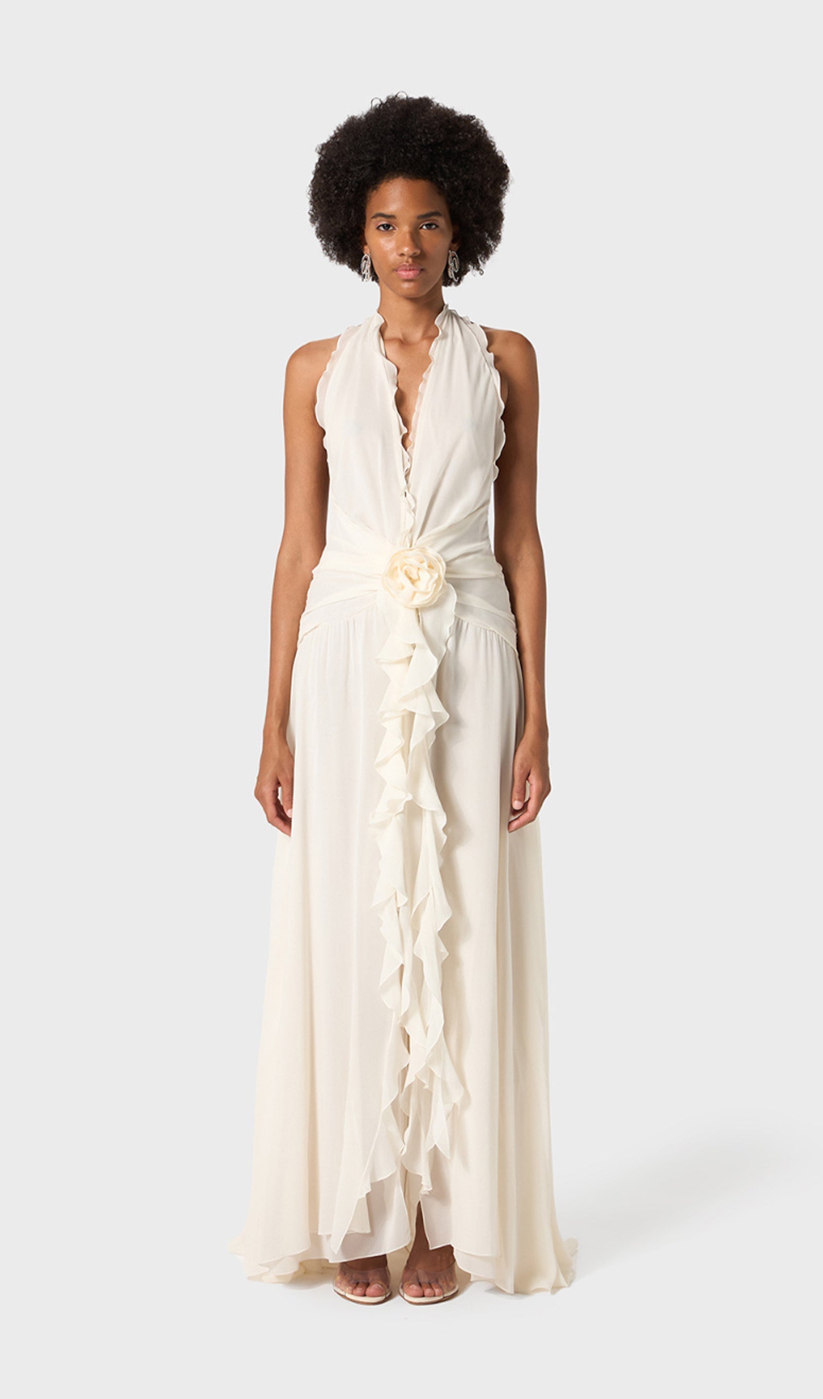Halter Ruffles Gül Süslemeli Maksi Elbise