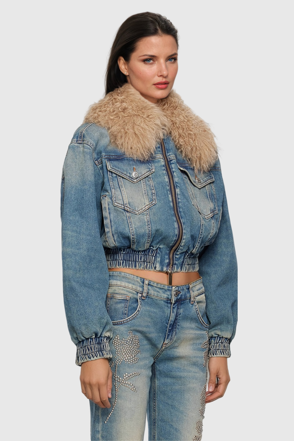 Akuna Kürk Dantelli Cepli Denim Ceket