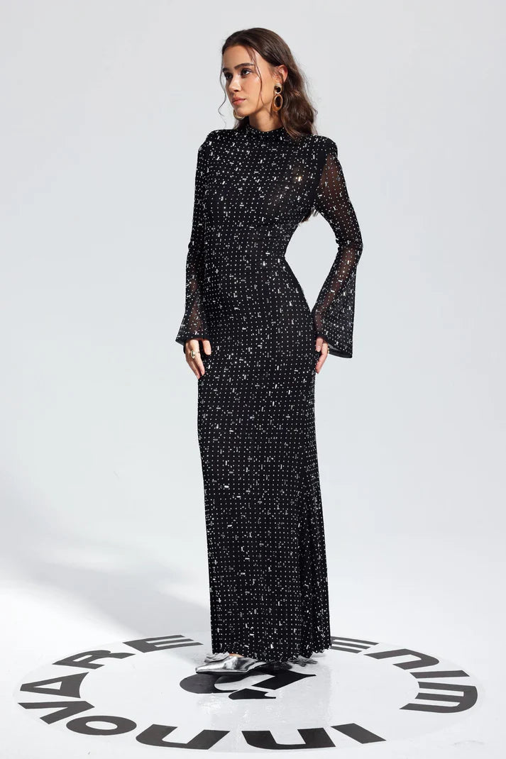 Rhinestone Süslemeli Örgü Midi Elbise