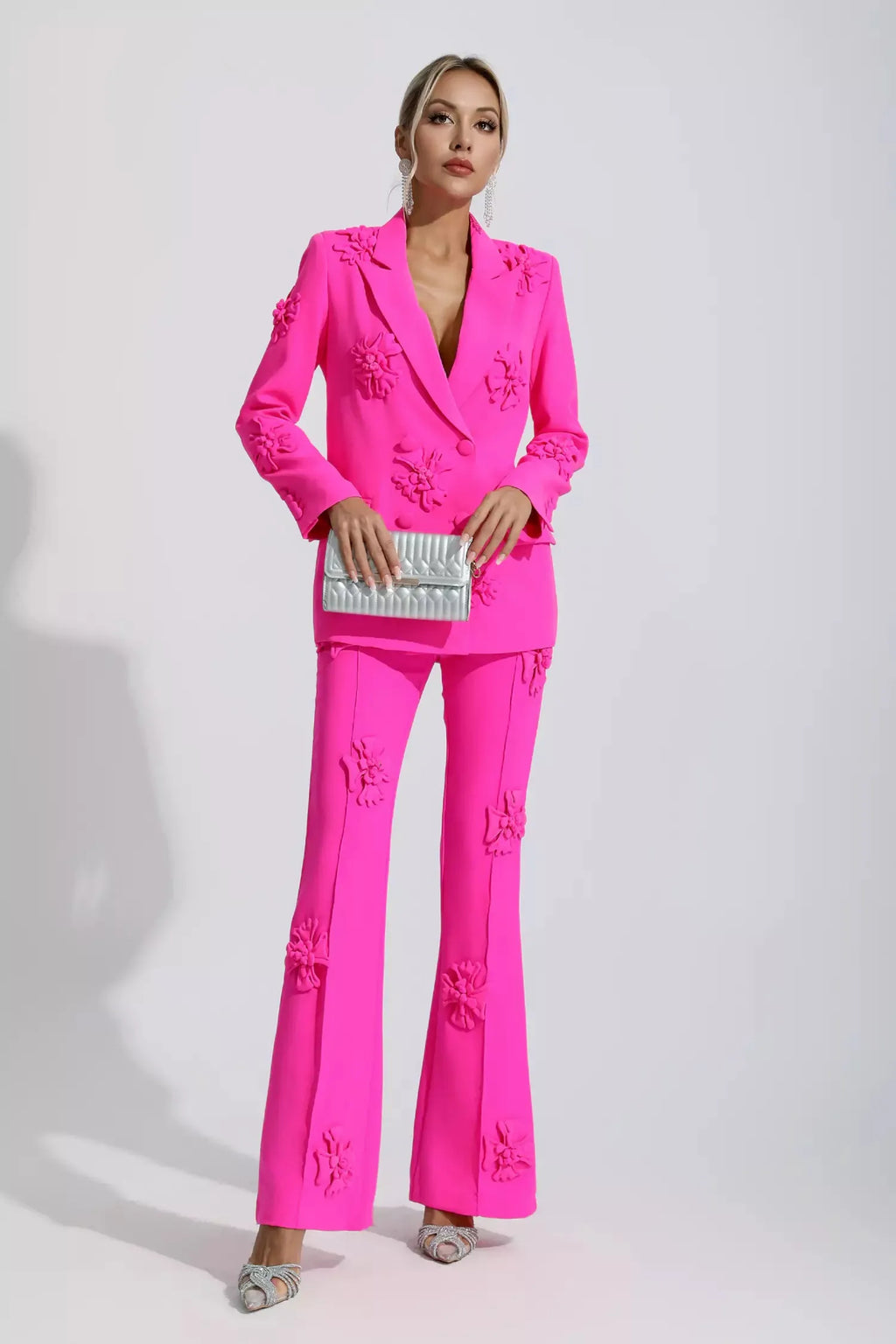 Ari Pembe Jakarlı Çiçekli Blazer Takım