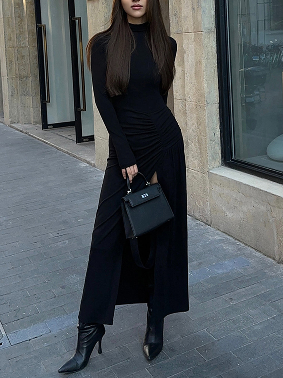 Yırtmaçlı Pileli Uzun Kollu Bodycon Balıkçı Yaka Uzun Elbise