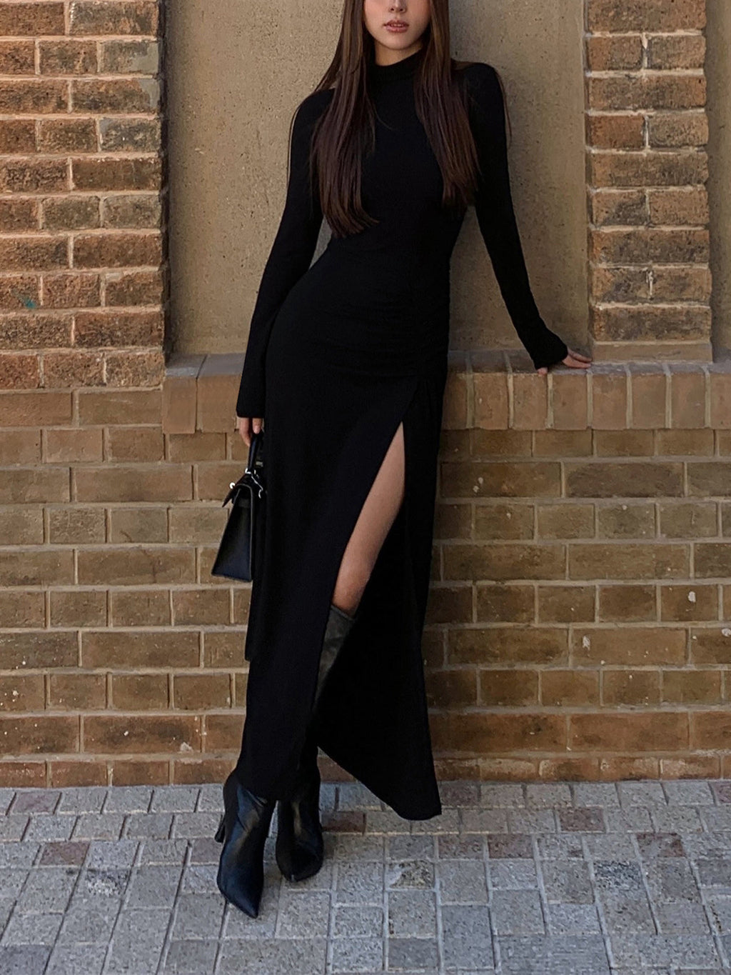 Yırtmaçlı Pileli Uzun Kollu Bodycon Balıkçı Yaka Uzun Elbise