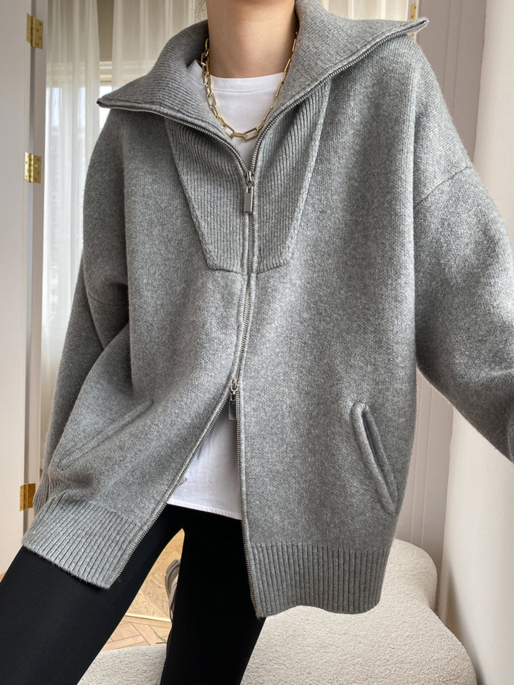 Yaka Detay Oversize Hırka Gri Fermuarlı