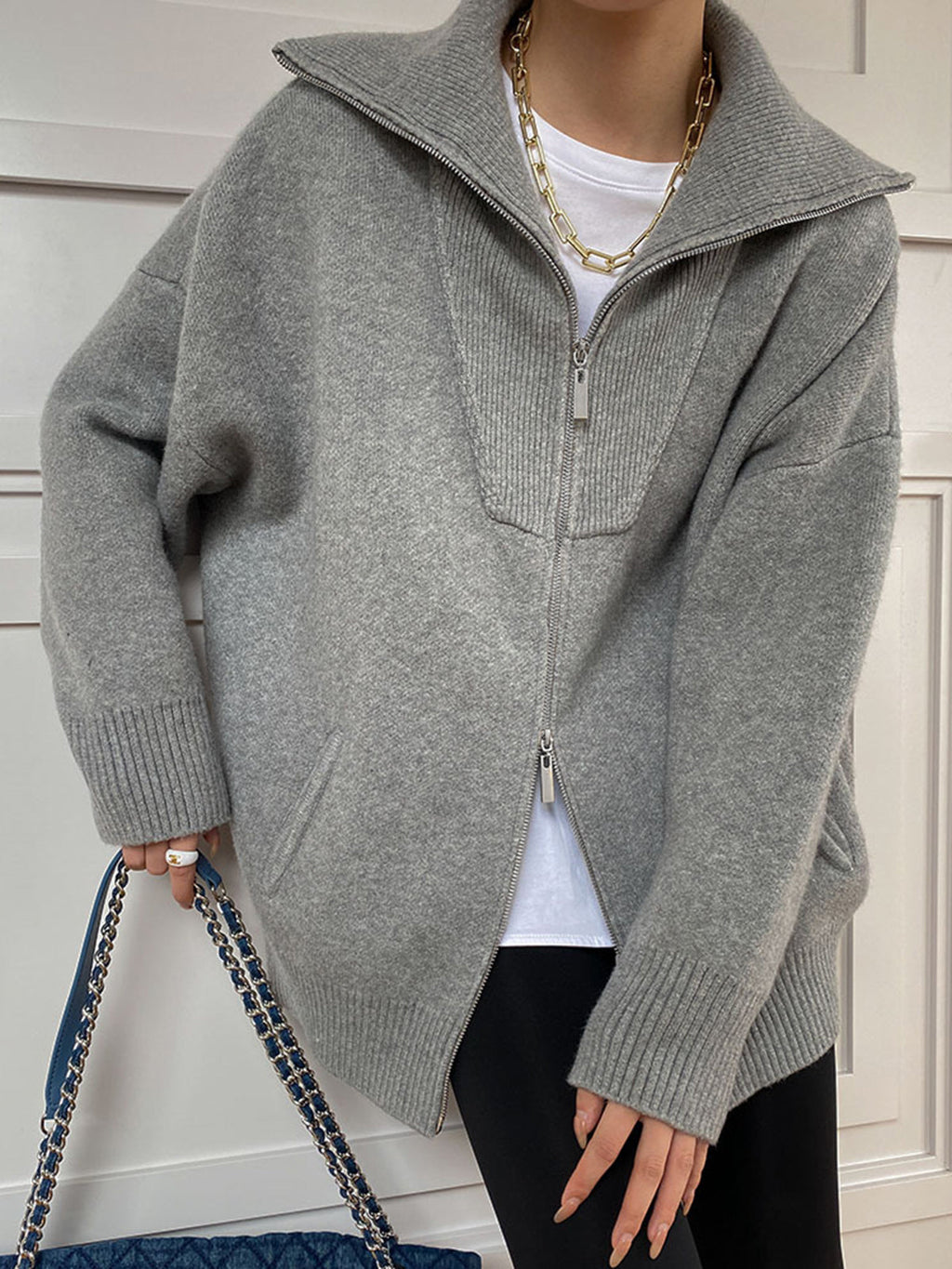 Yaka Detay Oversize Hırka Gri Fermuarlı