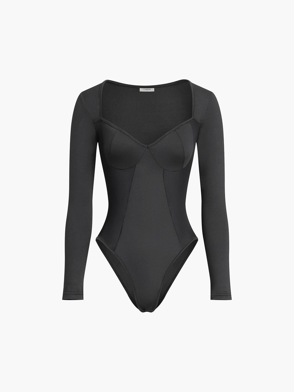 Kalp Yaka Uzun Kollu Bodysuit Siyah Yama İşi