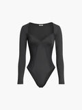 Kalp Yaka Uzun Kollu Bodysuit Siyah Yama İşi