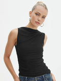 Yüksek Yaka Pilili Kolsuz Bluz Siyah Slim Fit
