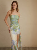 Bottoms Strapless Yırtmaç & Fırfır Detaylı Floral Elbise