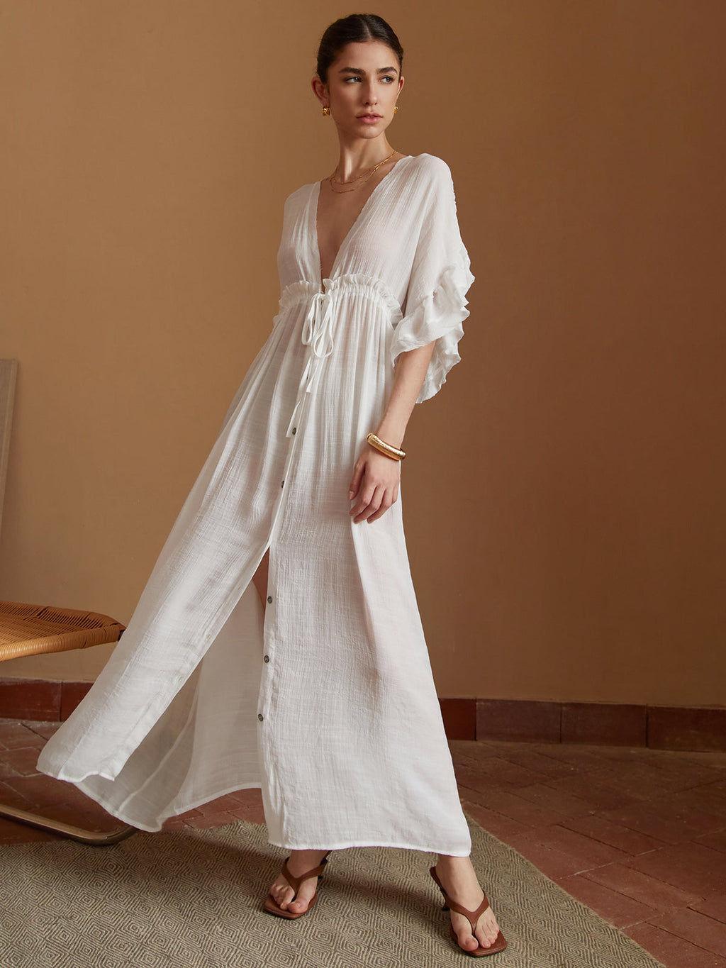 İpli Bel Kimono Uzun Elbise Beyaz Arkasız Maxi