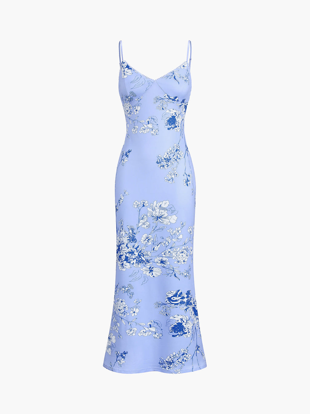 Çiçekli Askılı Maxi Elbise Açık Mavi Slim Fit