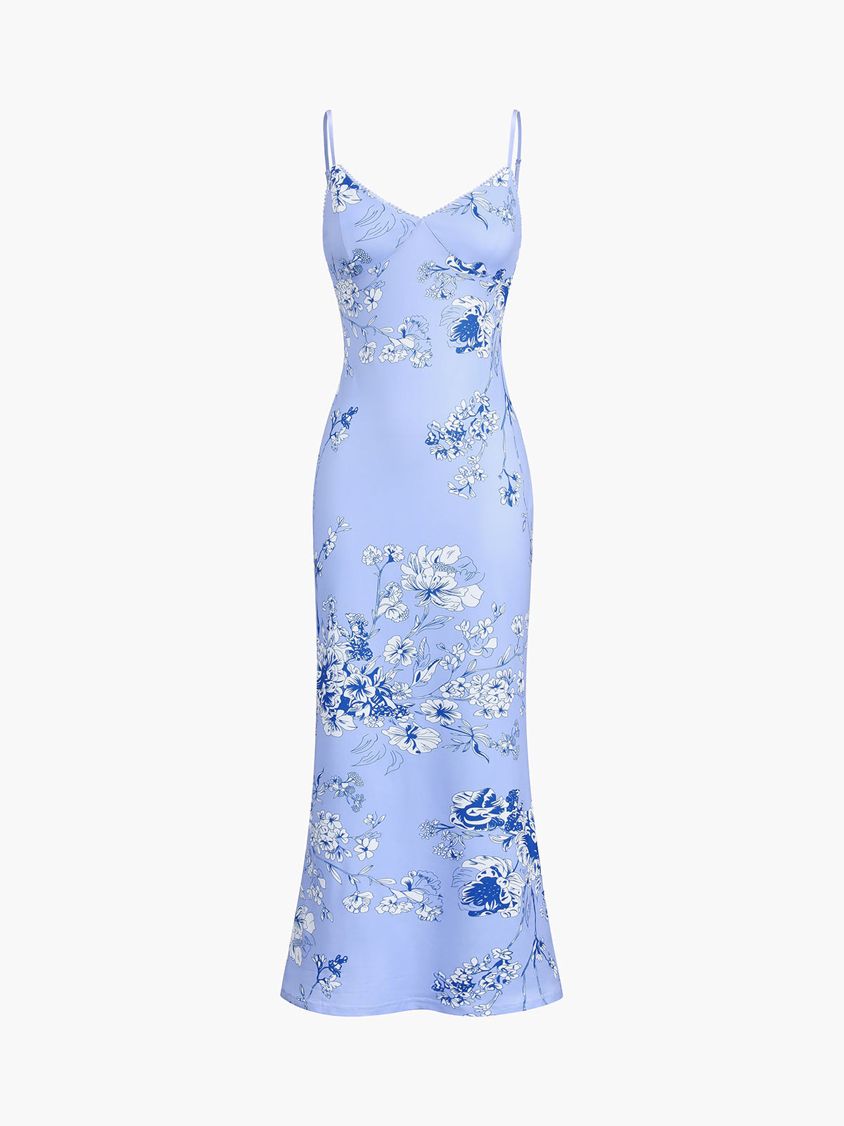 Çiçekli Askılı Maxi Elbise Açık Mavi Slim Fit