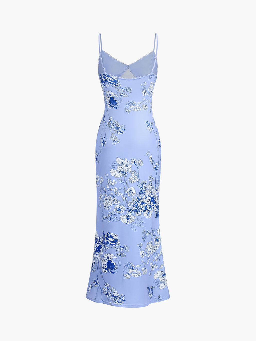 Çiçekli Askılı Maxi Elbise Açık Mavi Slim Fit