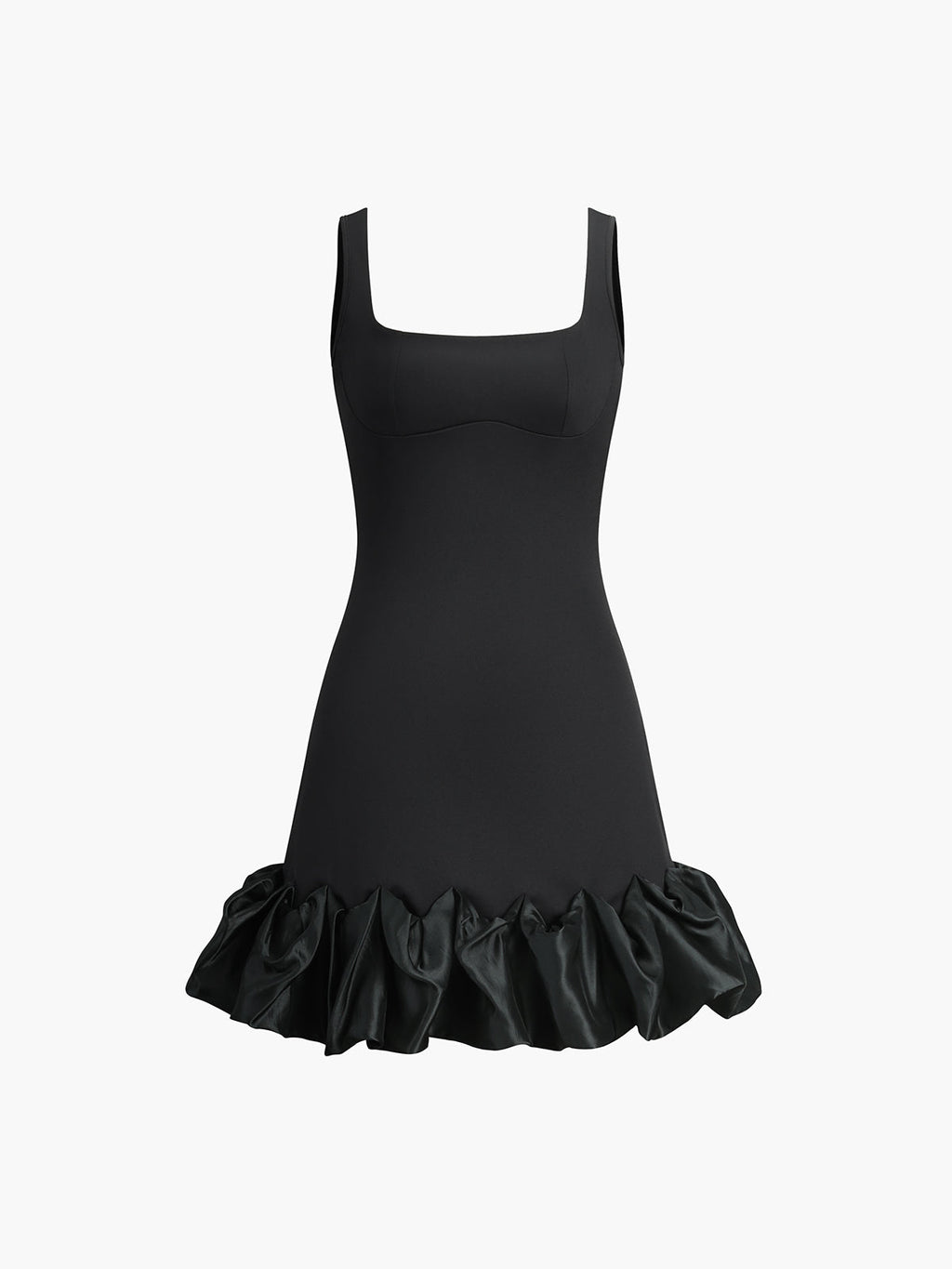 Fırfırlı Kare Yaka Kısa Elbise Siyah Slim Fit
