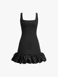 Fırfırlı Kare Yaka Kısa Elbise Siyah Slim Fit