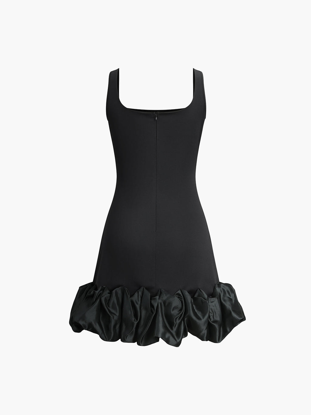 Fırfırlı Kare Yaka Kısa Elbise Siyah Slim Fit