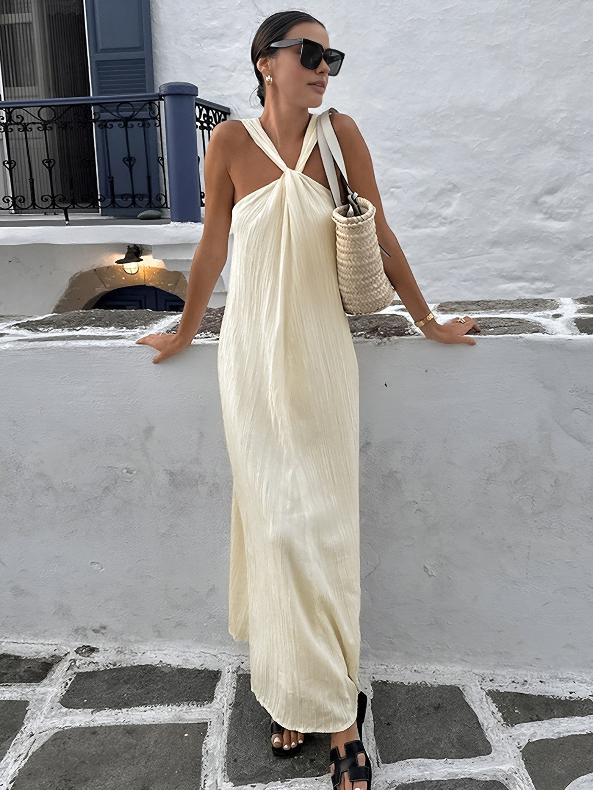 Halter Yaka Maxi Elbise Ekru Kolsuz