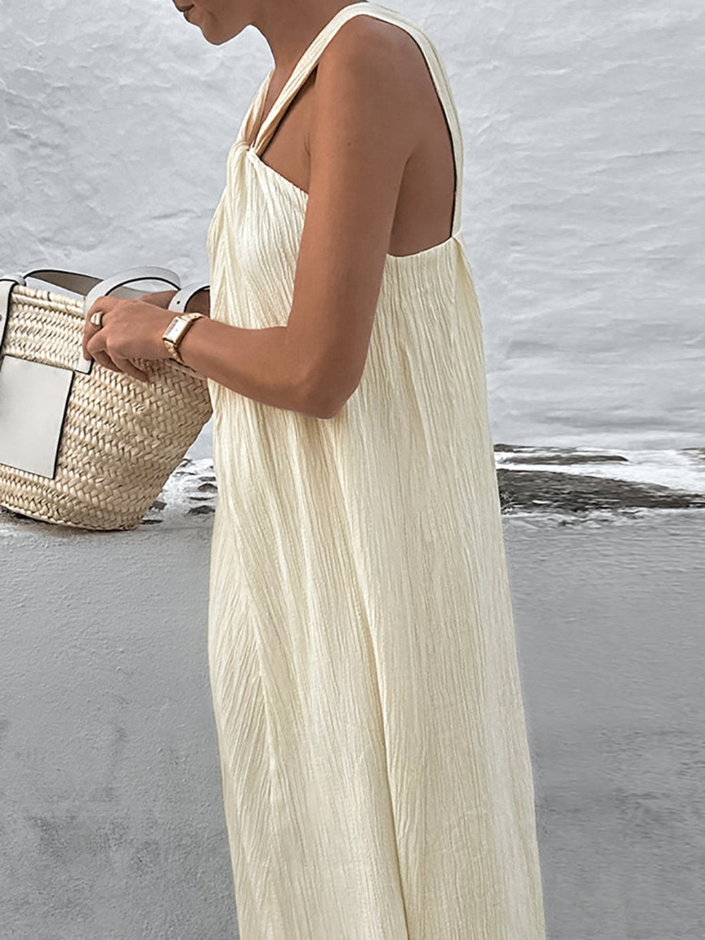 Halter Yaka Maxi Elbise Ekru Kolsuz