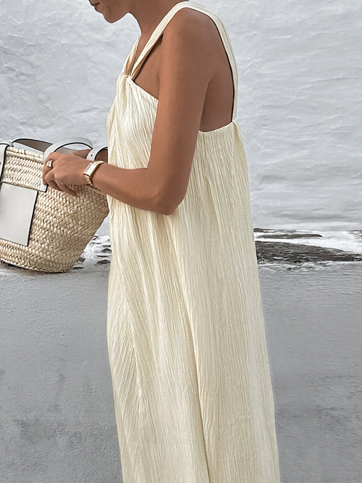 Halter Yaka Maxi Elbise Ekru Kolsuz
