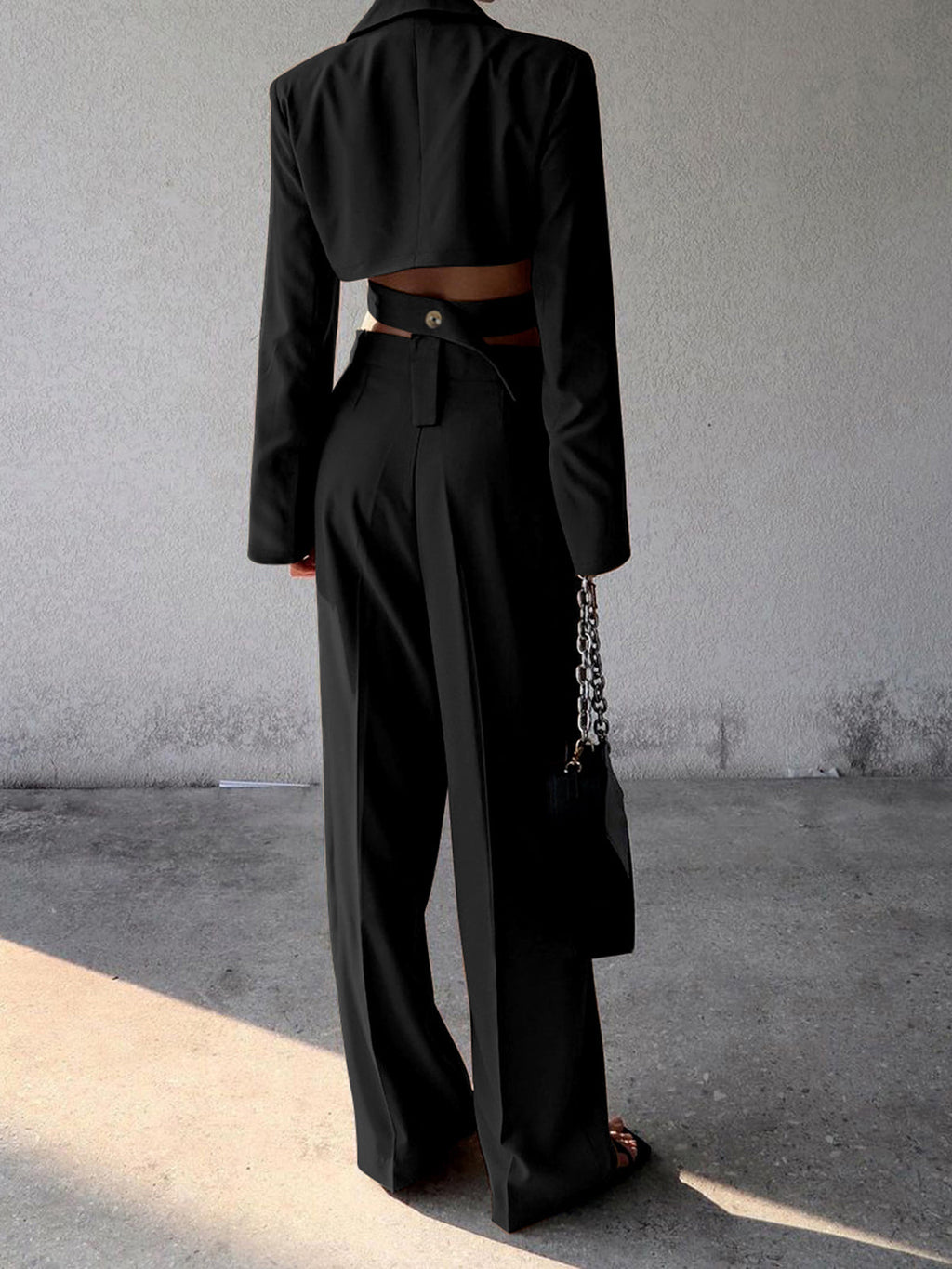 Düz Paça Bağcıklı Blazer Pantolon Takım Siyah Regular Fit