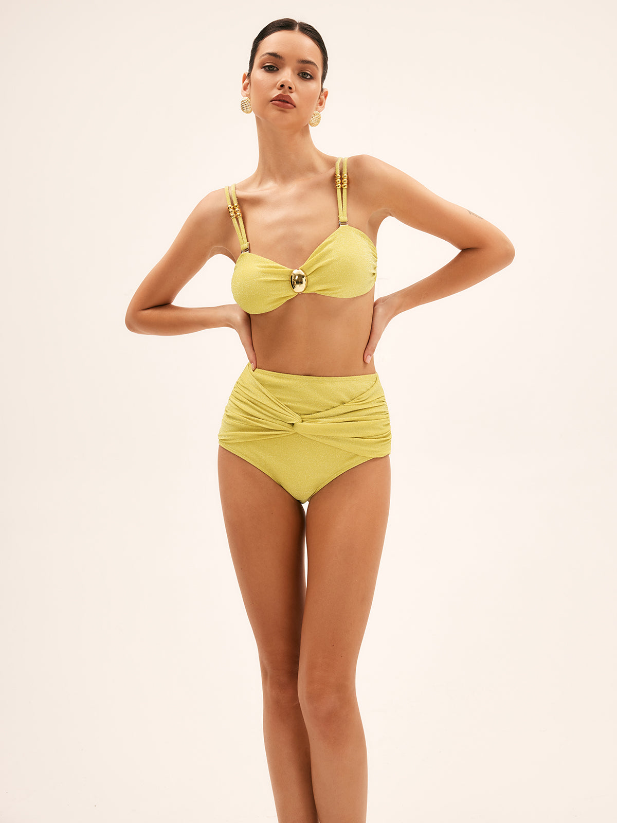 Metal Dekorlu Yüksek Bel Bikini Seti Sarı