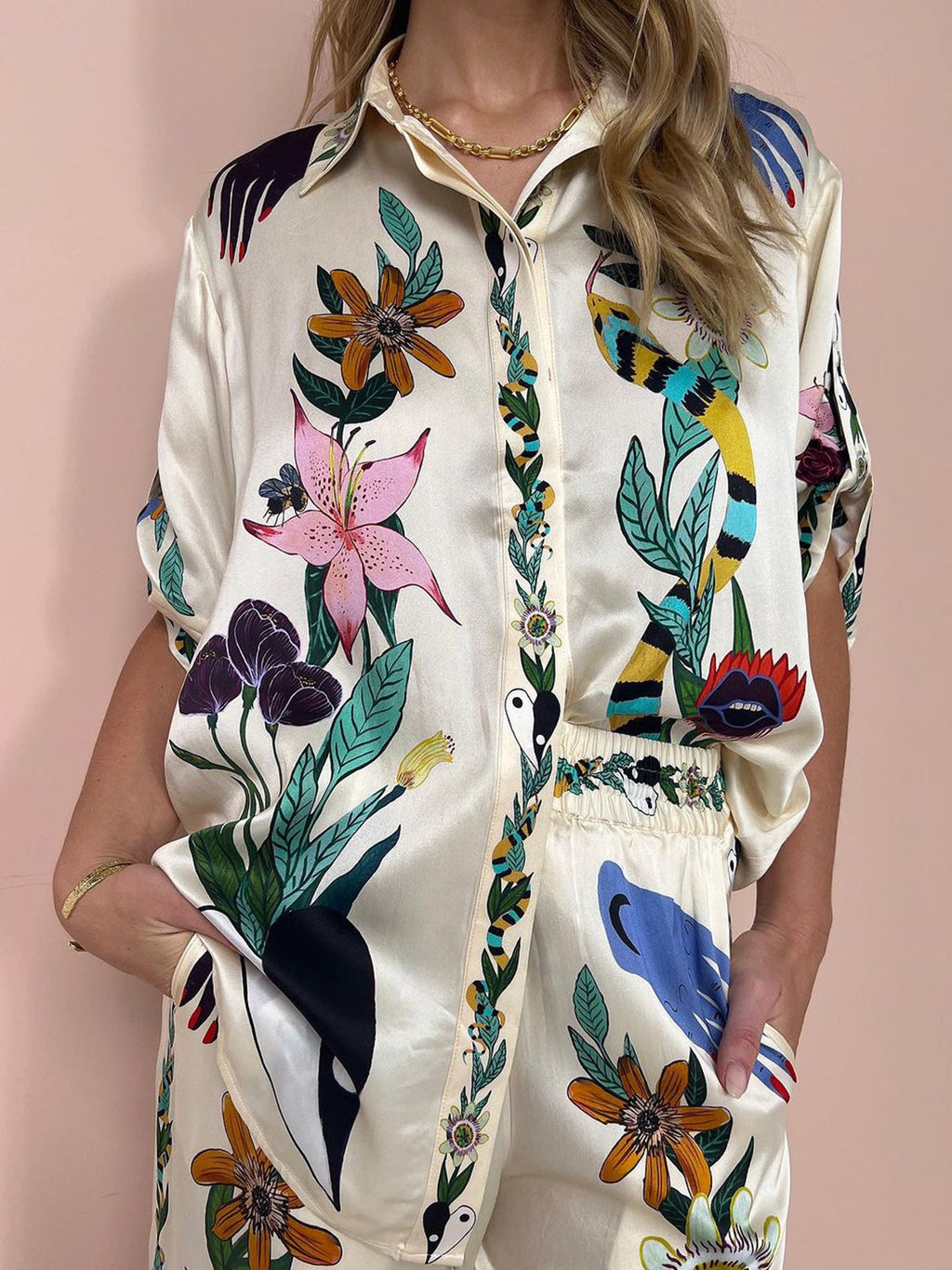 Çiçek Desenli Saten Pantolon Takım Çok Renkli Bohemian