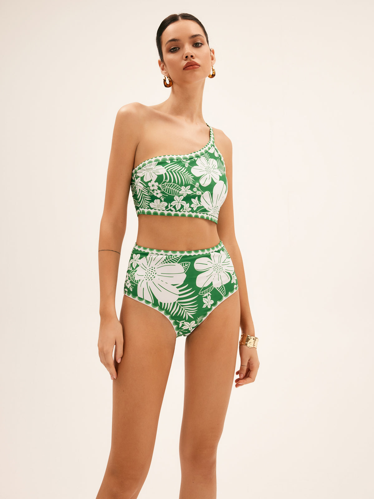 Tek Omuz Çiçek Desenli Bikini Takımı