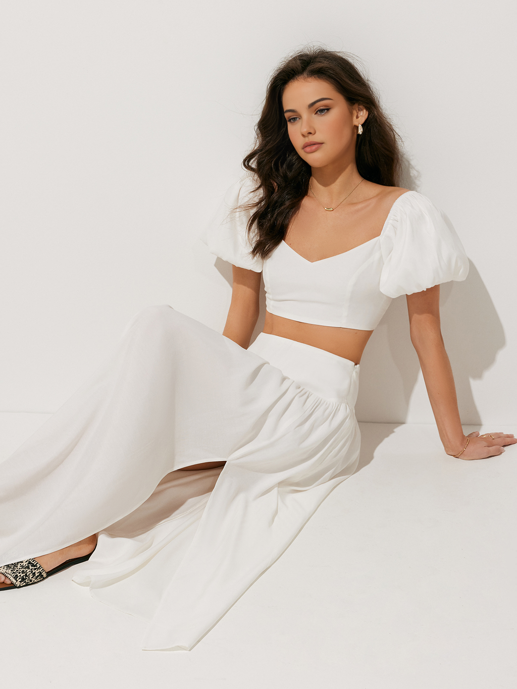 Puff Kol Crop Top Yırtmaçlı Uyluk Etek Takım