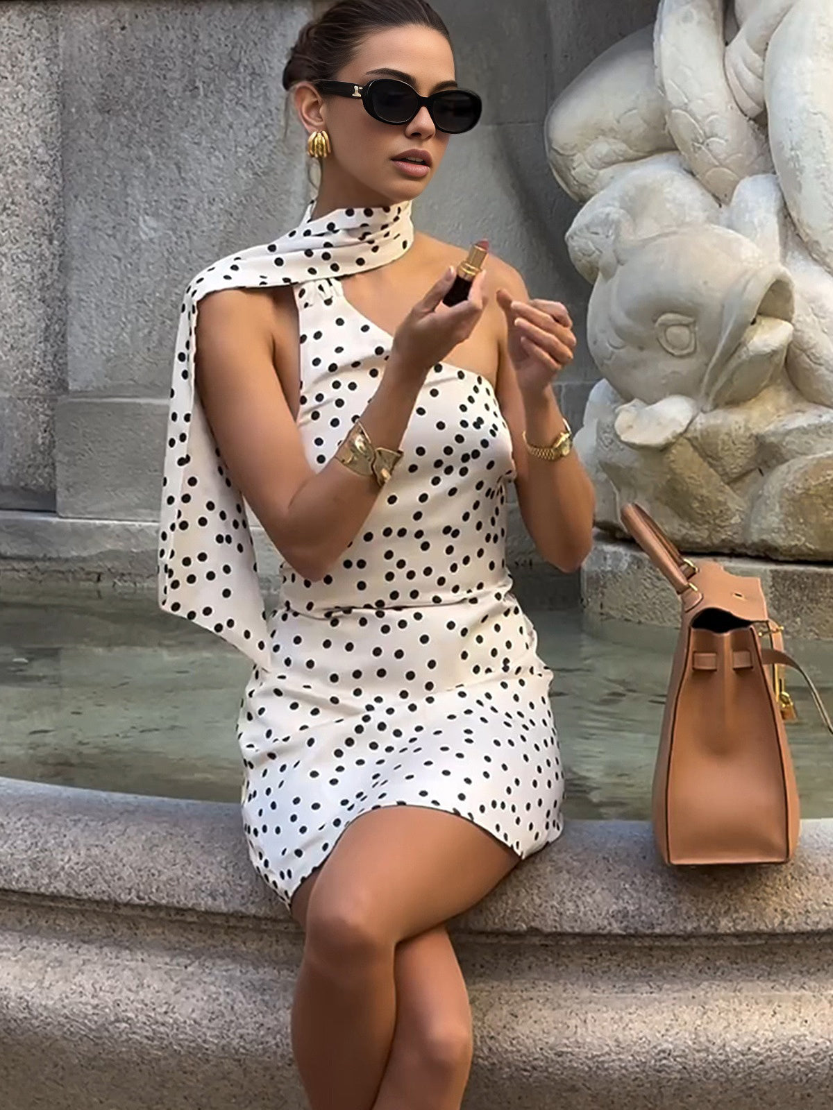Saten Polka Dot Asimetrik Elbise