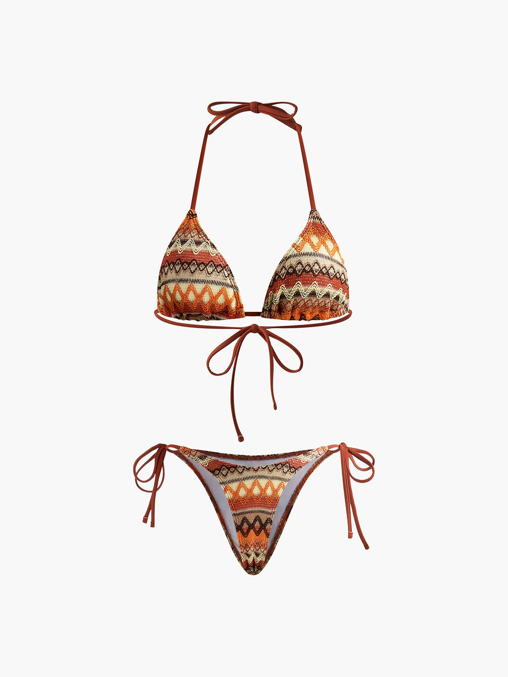 Halter Üçgen Örgü Bikini Takımı Kahverengi Çıkarılabilir Pedli