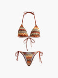 Halter Üçgen Örgü Bikini Takımı Kahverengi Çıkarılabilir Pedli