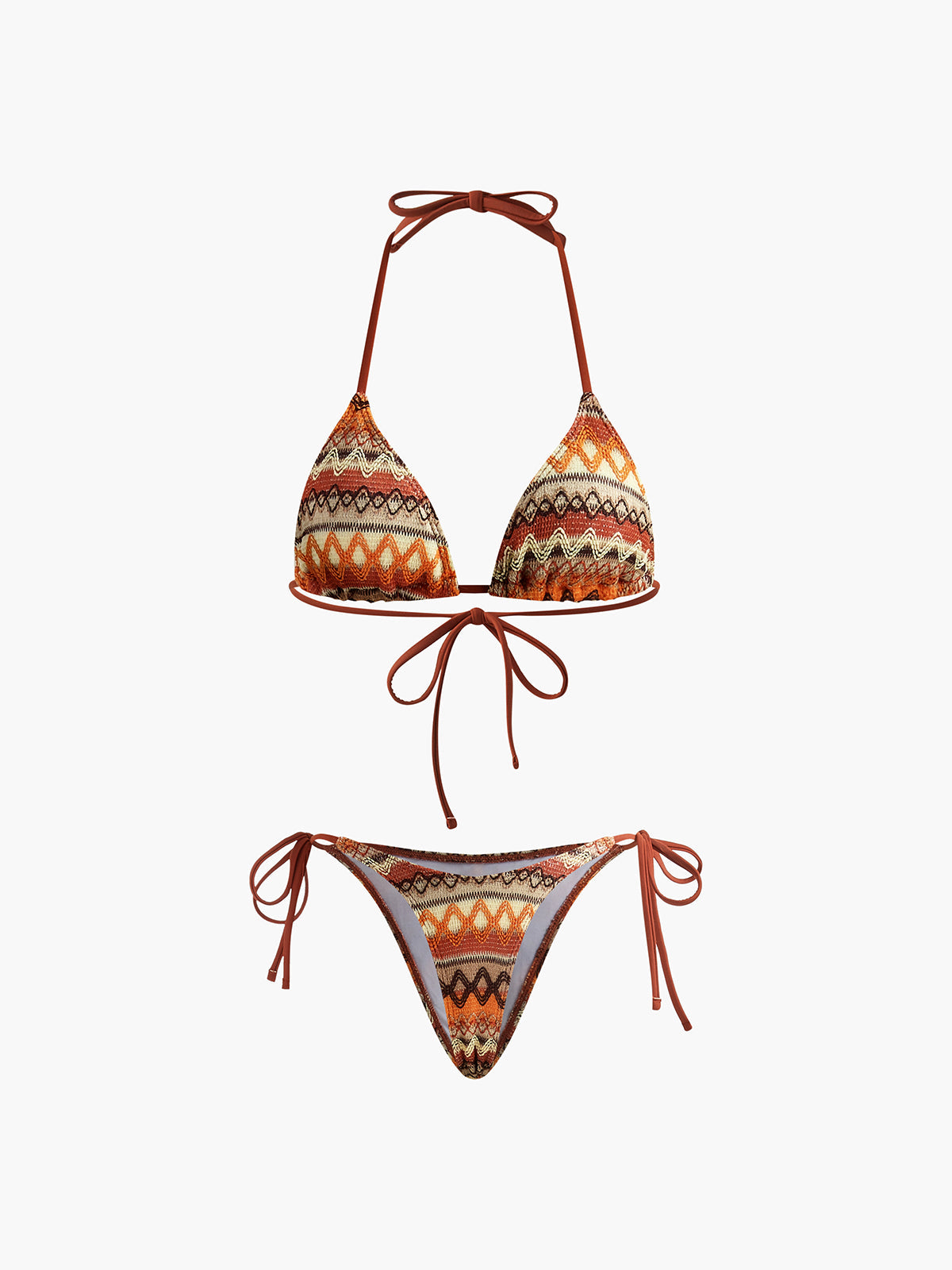 Halter Üçgen Örgü Bikini Takımı Kahverengi Çıkarılabilir Pedli