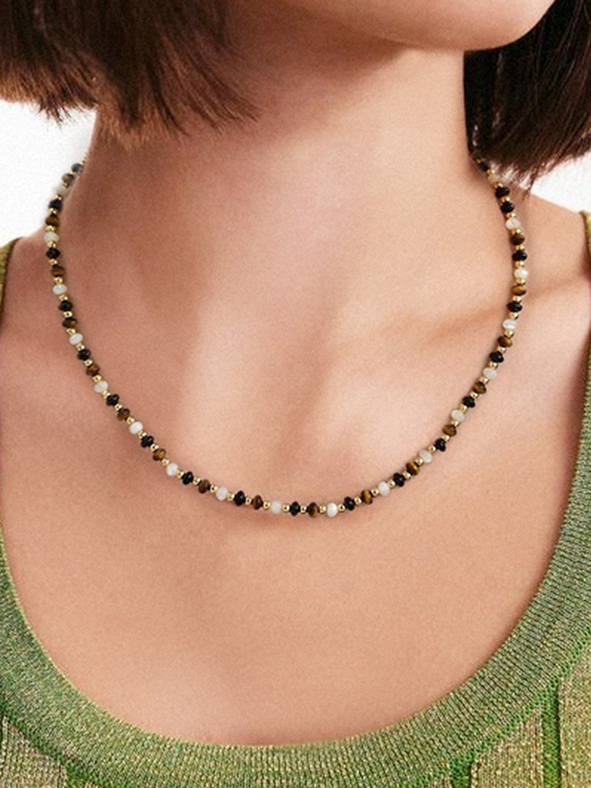 Kaplan Gözü Taşlı Boncuklu Kolye Çok Renkli