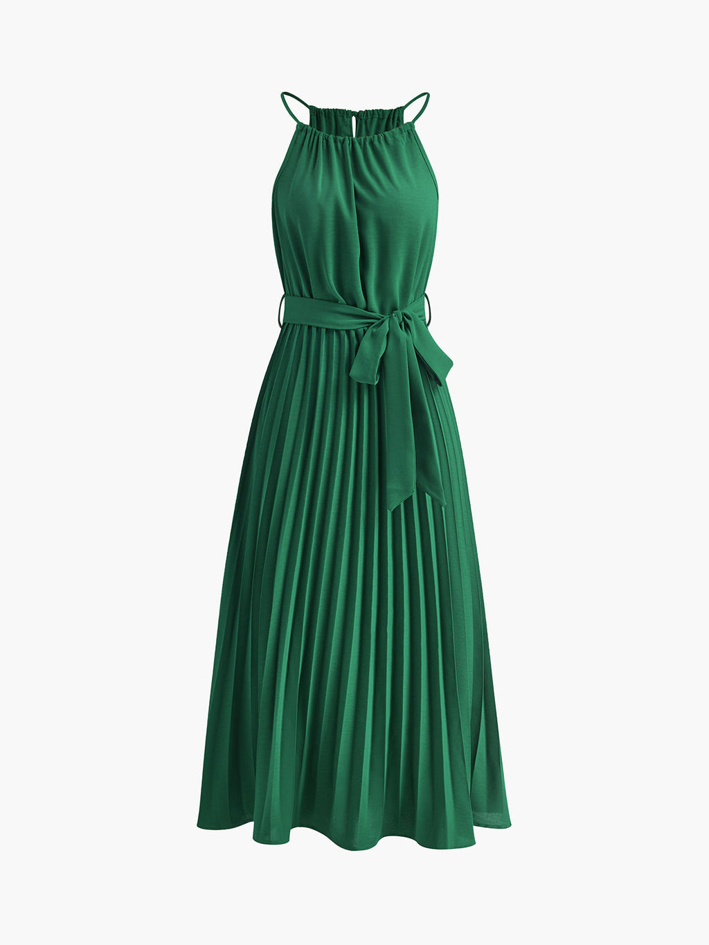 Halter Kuşaklı Pileli Abiye Midi Elbise Yeşil