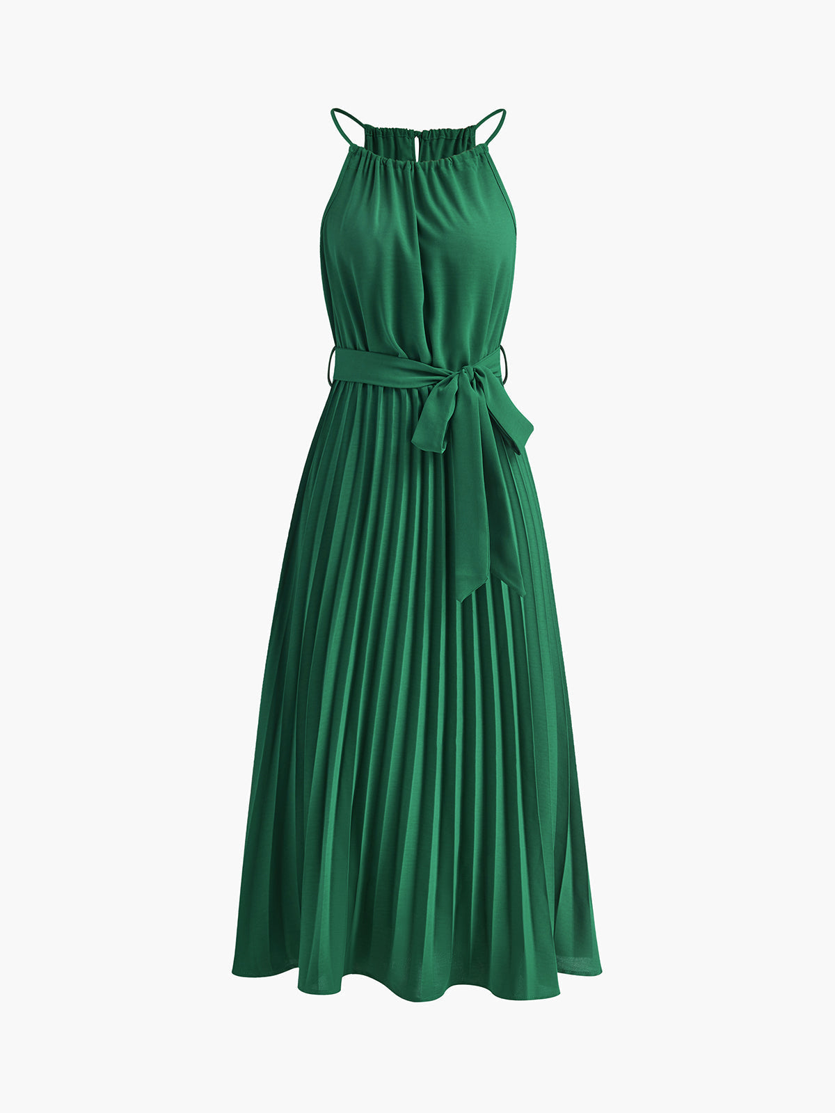 Halter Kuşaklı Pileli Abiye Midi Elbise Yeşil