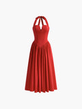Halter Sweetheart Pileli Midi Elbise