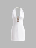 Halter Yaka Sırtı Açık Kısa Elbise Beyaz Slim Fit
