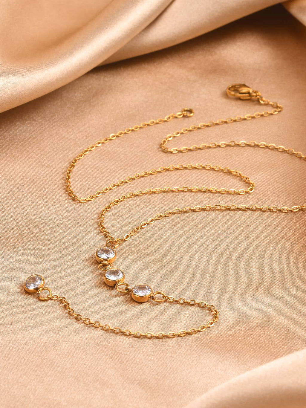 Rhinestone Lariat Damla Kolye Altın Titanyum Çelik