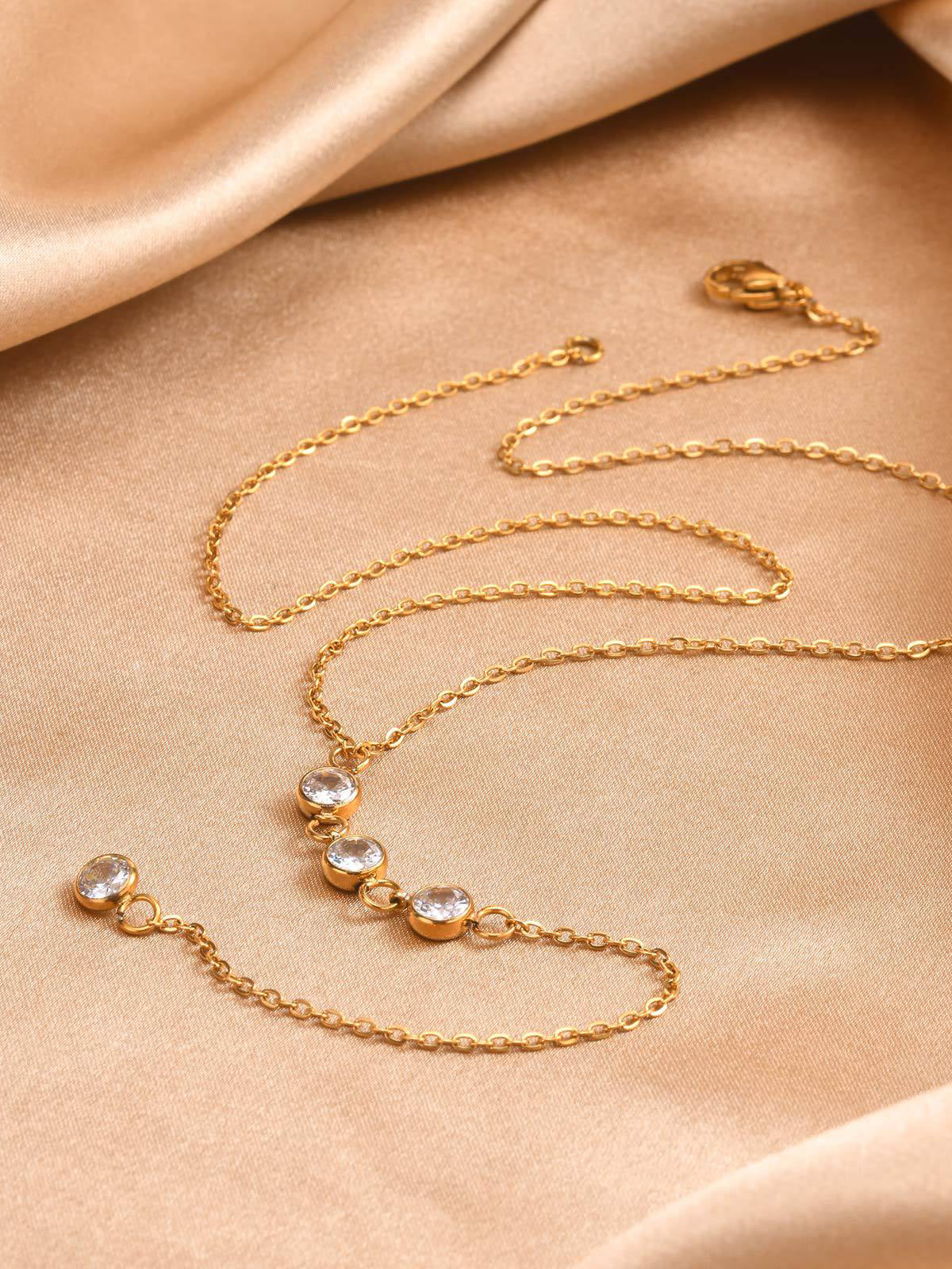 Rhinestone Lariat Damla Kolye Altın Titanyum Çelik