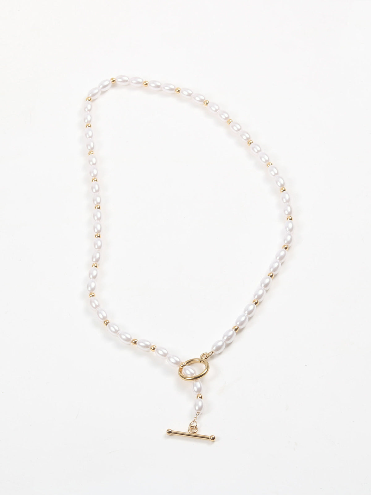 Romantik İnci Lariat Kolye Altın Rengi Titanyum Çelik