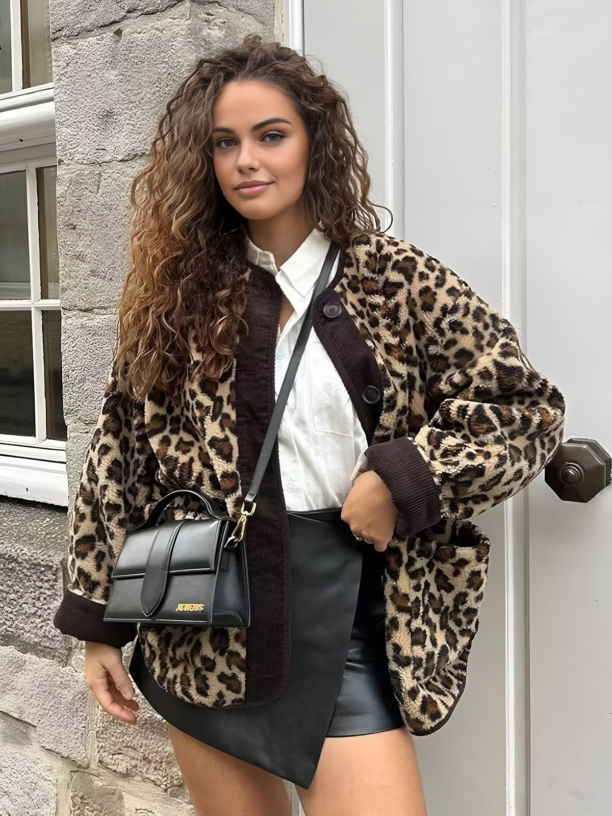 Leopar Desenli Oversize Kış Kabanı Kahverengi Uzun Kol