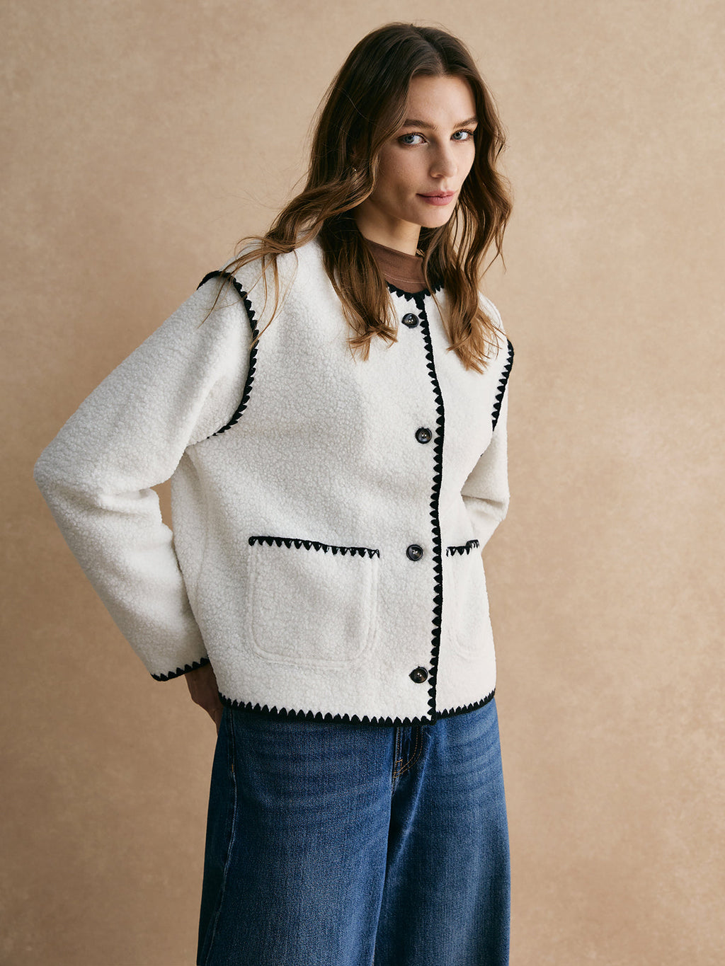 Kontrast Trim Minky Polar Ceket