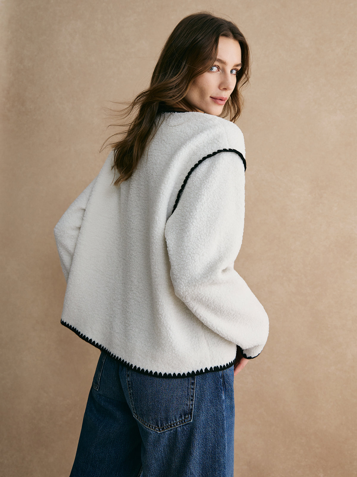 Kontrast Trim Minky Polar Ceket