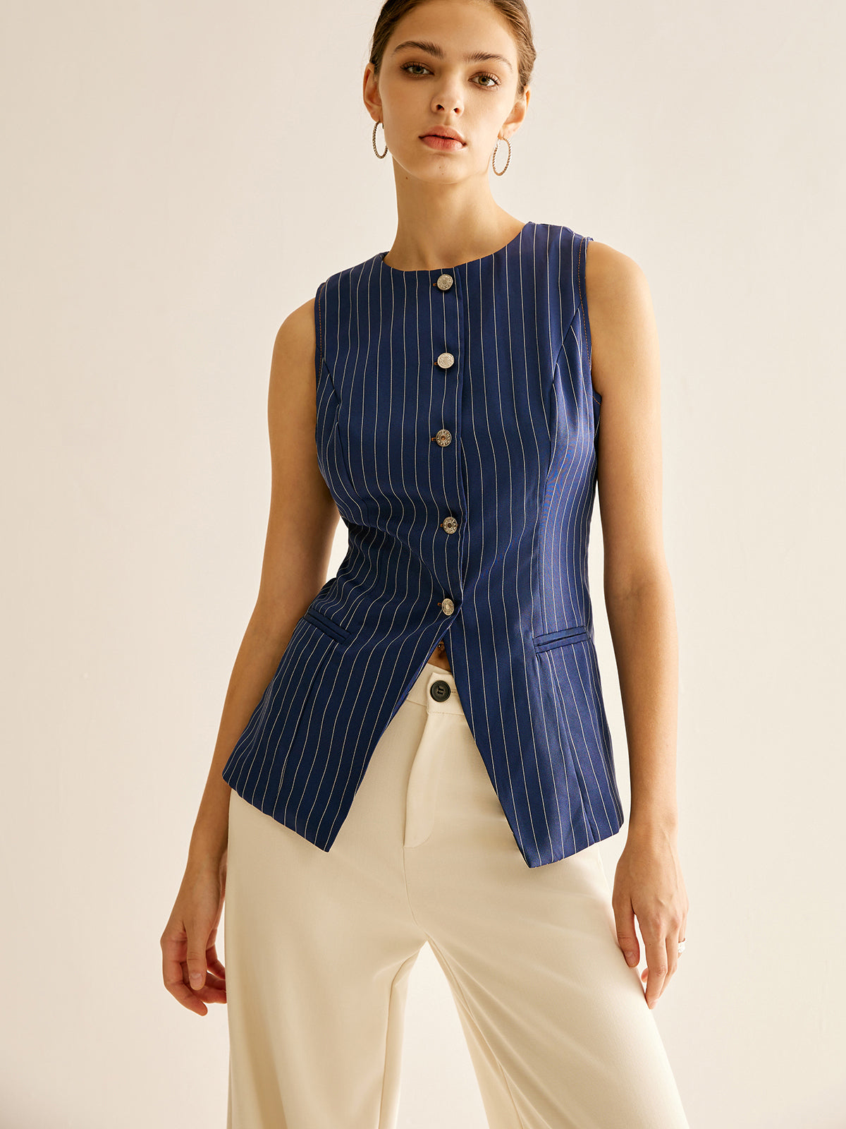 Pinstripe Düğmeli Kolsuz Gömlek