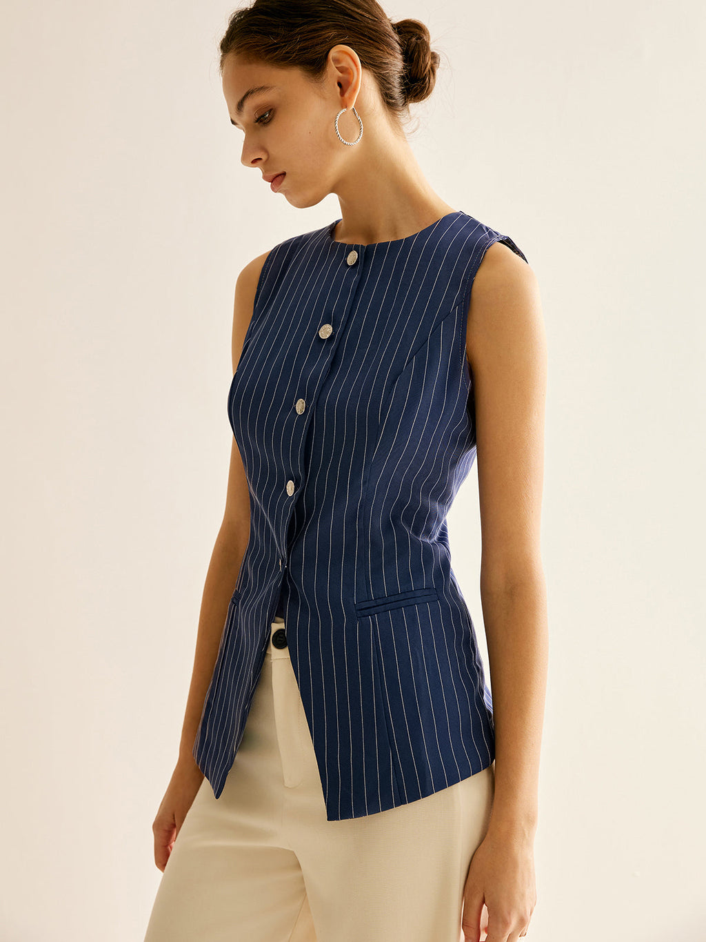 Pinstripe Düğmeli Kolsuz Gömlek
