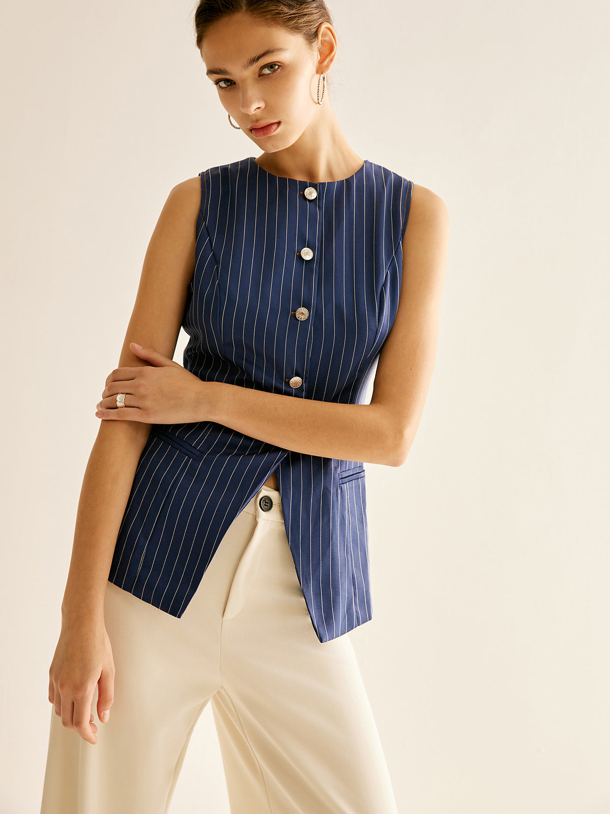 Pinstripe Düğmeli Kolsuz Gömlek