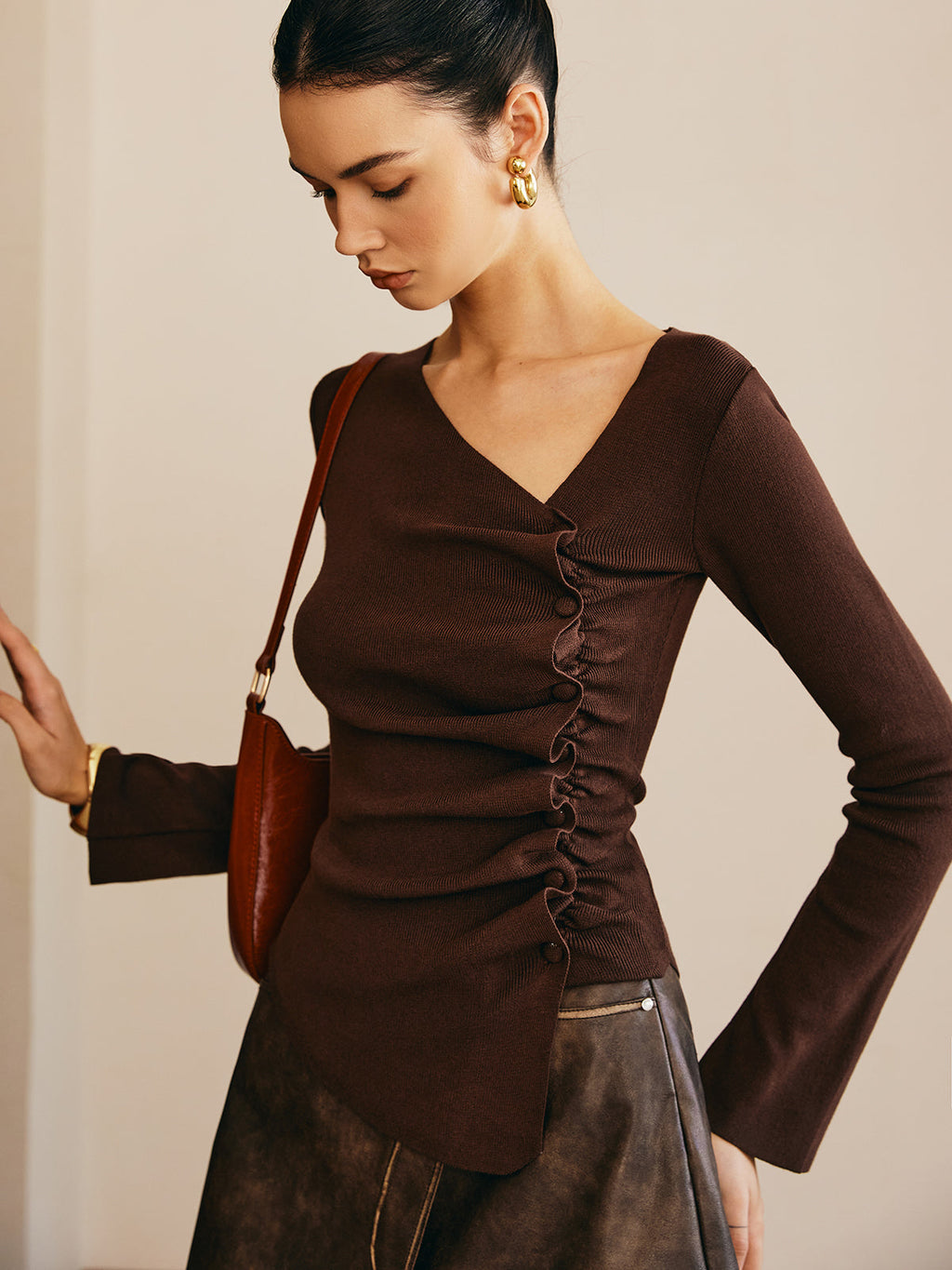 Asimetrik Plise Slim Kazak Koyu Kahverengi Uzun Kol