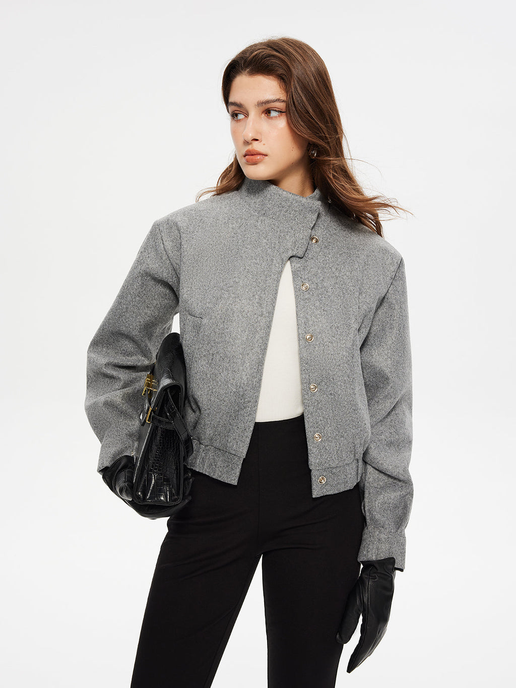 Düğme Klipsli Kısa Blazer Gri Asimetrik Kesim