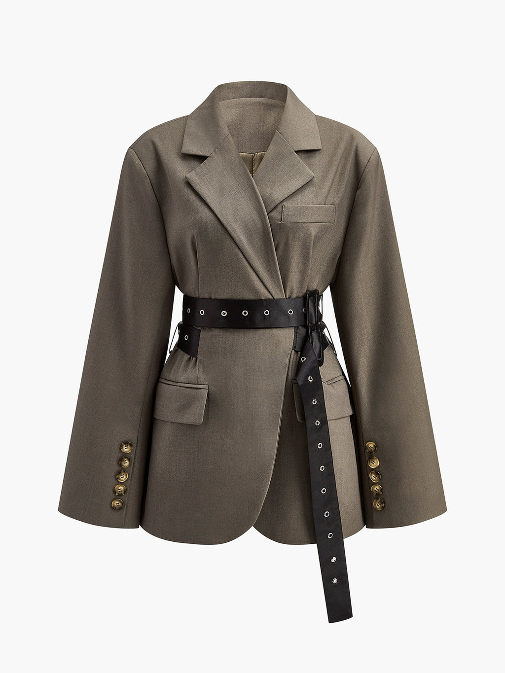 Kemerli Retro Düğmeli Blazer Koyu Kahverengi Uzun Kol