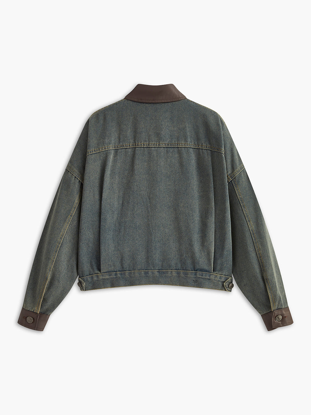 Vintage Kontrast Süslü Yaka Denim Ceket Koyu Kahverengi Uzun Kol