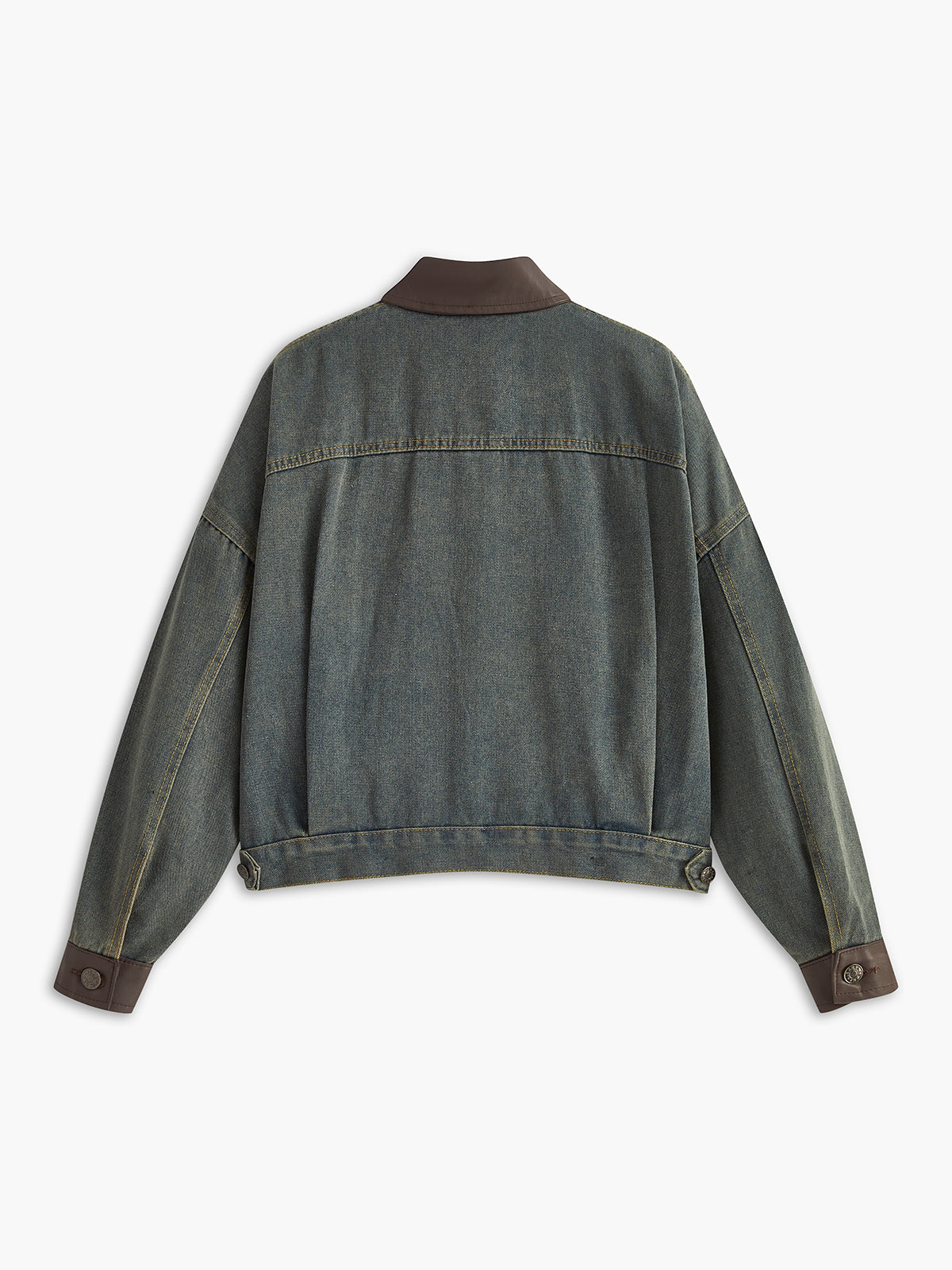 Vintage Kontrast Süslü Yaka Denim Ceket Koyu Kahverengi Uzun Kol